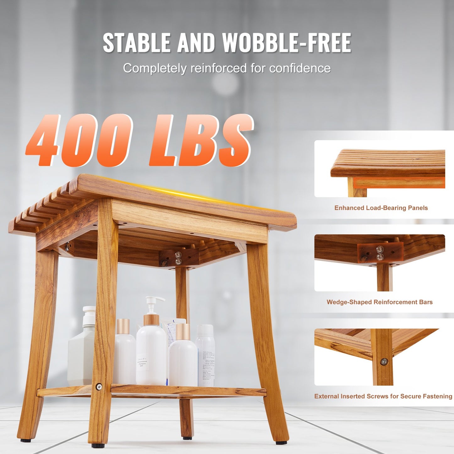 Teak shower bench 20 x 14.3 x 17.9 wooden shower stool chair for bathroom