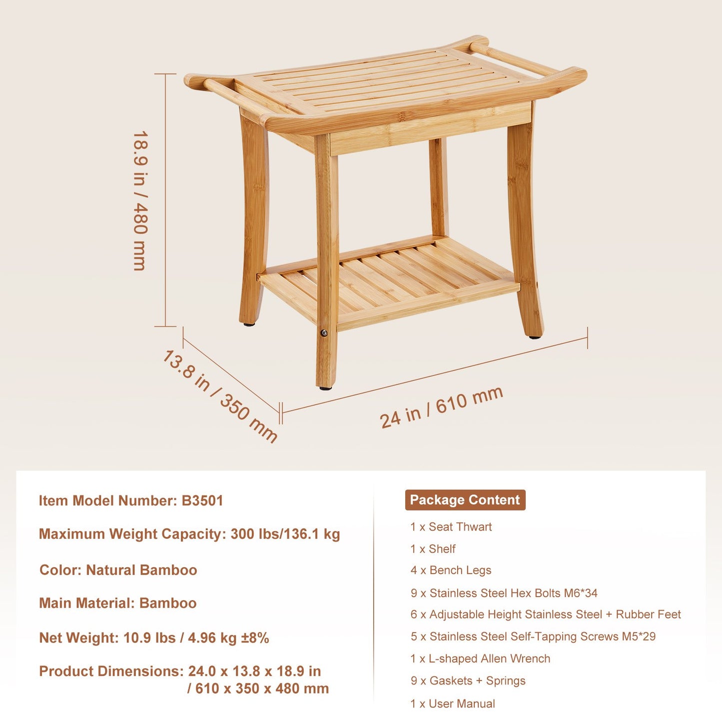 Bamboo shower bench 24 x 13.8 x 18.9 in shower stool chair for bathroom