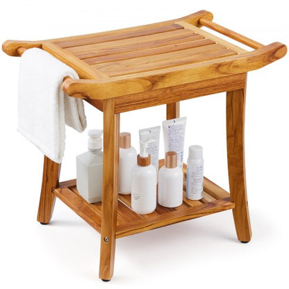 Teak Shower Bench, 22 x 14.4 x 18.5 in, Waterproof Wood Shower Stool with Storage Shelf Handle Non-Slip Feet, 300 lbs Maximum Load Capacity Shower Chair Seat, for Bathroom Indoor and Outdoor Use