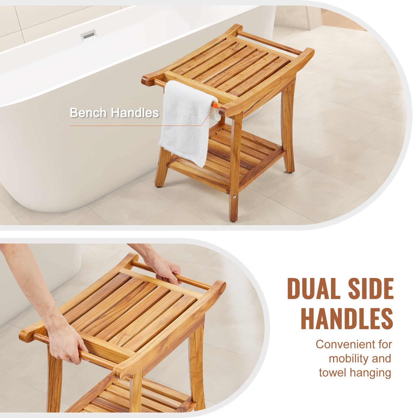 Teak shower bench 22 x 14.4 x 18.5 wooden shower stool chair for bathroom