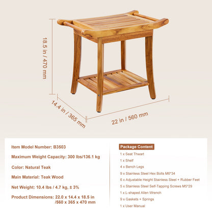 Teak shower bench 22 x 14.4 x 18.5 wooden shower stool chair for bathroom