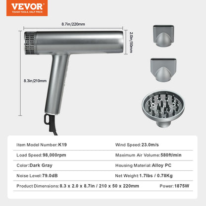 Professionell hårfön, föning med 3,0 miljoner negativa joner, 98 000 rpm höghastighets borstlös motor, 3 temperaturer och 3 hastigheter, lätta hårfönare för salonger med munstycken och diffusor för hemresor
