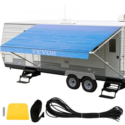 RV Awning 18\' Camper Awning Fabric, Trailer Awning Canopy Patio Camping Car Awning, Durable 15oz Vinyl Roller Tube for RV, Van, SUV, Patio Awning Replacement Ocean Blue Fade