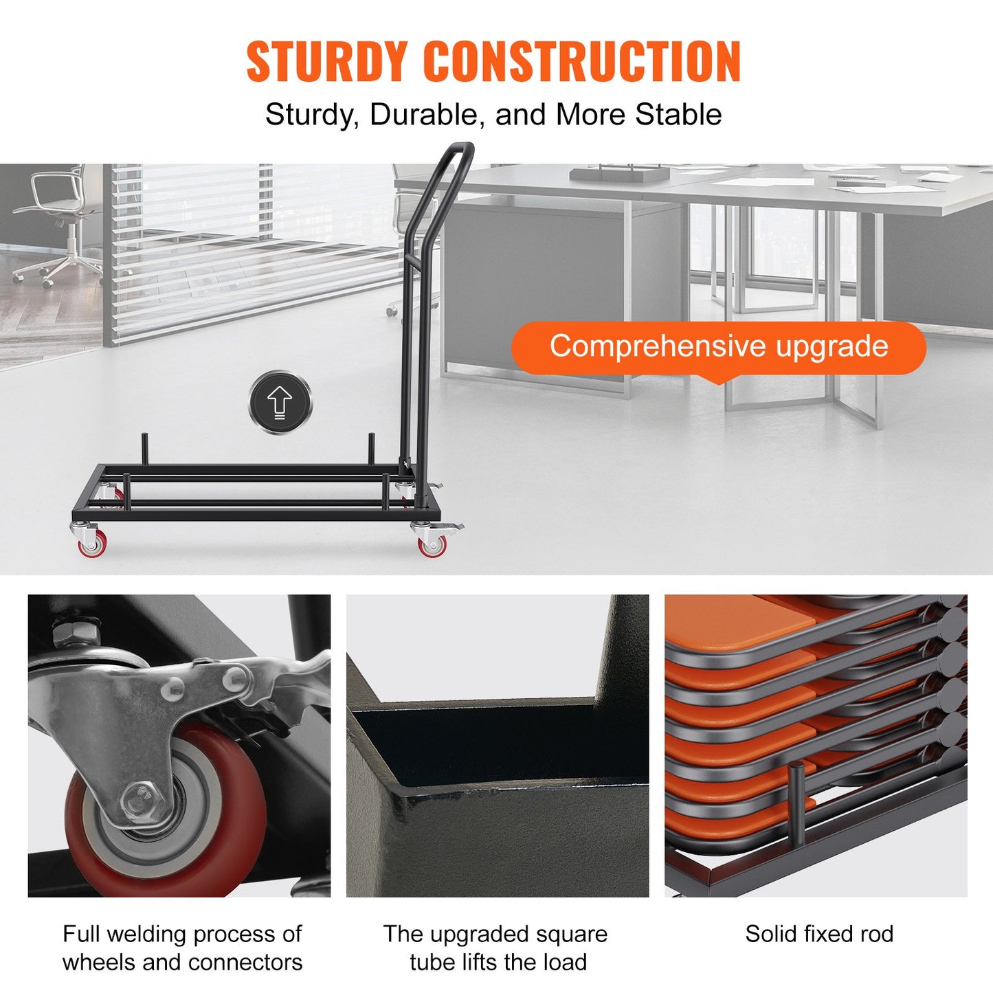 Hopfällbar stol Dolly, järnvagn med kapacitet för 12 stolar, hopfällbara stolar Rackvagn med 4 hjul, förvaringstransportdolly för platt stapling av plastharts och trästolar, svart