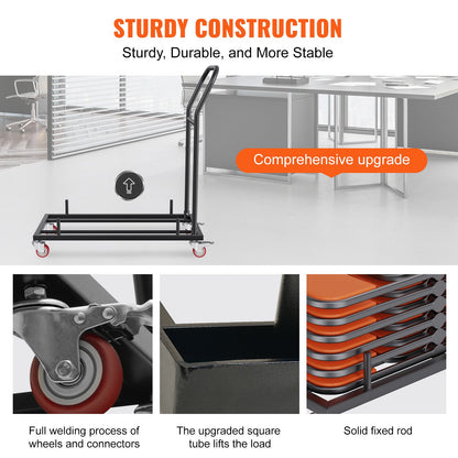 Hopfällbar stol Dolly, järnvagn med kapacitet för 12 stolar, hopfällbara stolar Rackvagn med 4 hjul, förvaringstransportdolly för platt stapling av plastharts och trästolar, svart