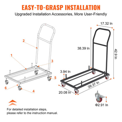 Hopfällbar stol Dolly, järnvagn med kapacitet för 12 stolar, hopfällbara stolar Rackvagn med 4 hjul, förvaringstransportdolly för platt stapling av plastharts och trästolar, svart