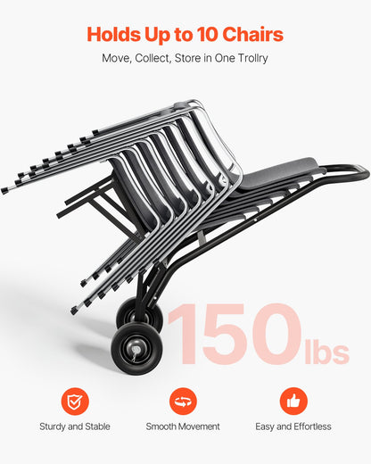 Folding Chair Rack, 150 LBS Capacity, Heavy-duty Chair Cart for Stacking 10 Chairs, Multi-Function Metal Chair Storage Dolly with Rubber Wheels, Push-Style Chair Holder, Matte Black