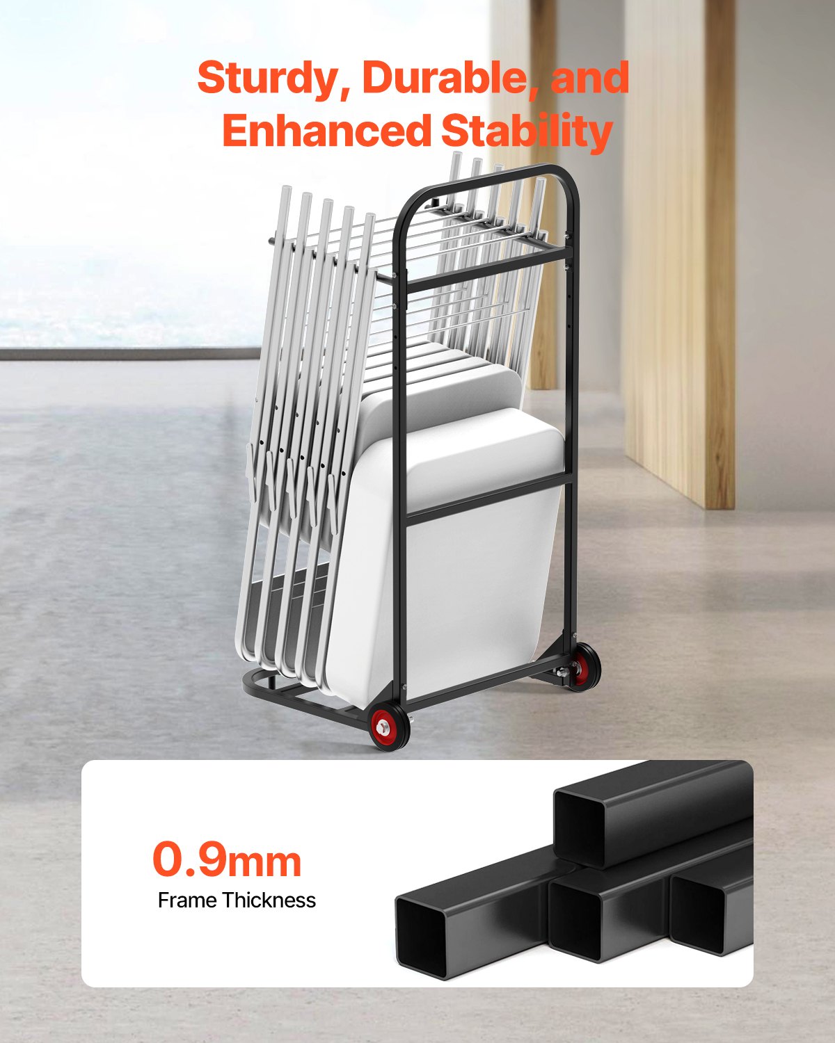 Folding Chair Rack, 100 LBS Capacity, Heavy-duty Chair Cart for Hanging 10 Chairs, Multi-Function Metal Chair Storage Dolly with Rubber Wheels, Push-Style Chair Holder, Matte Black