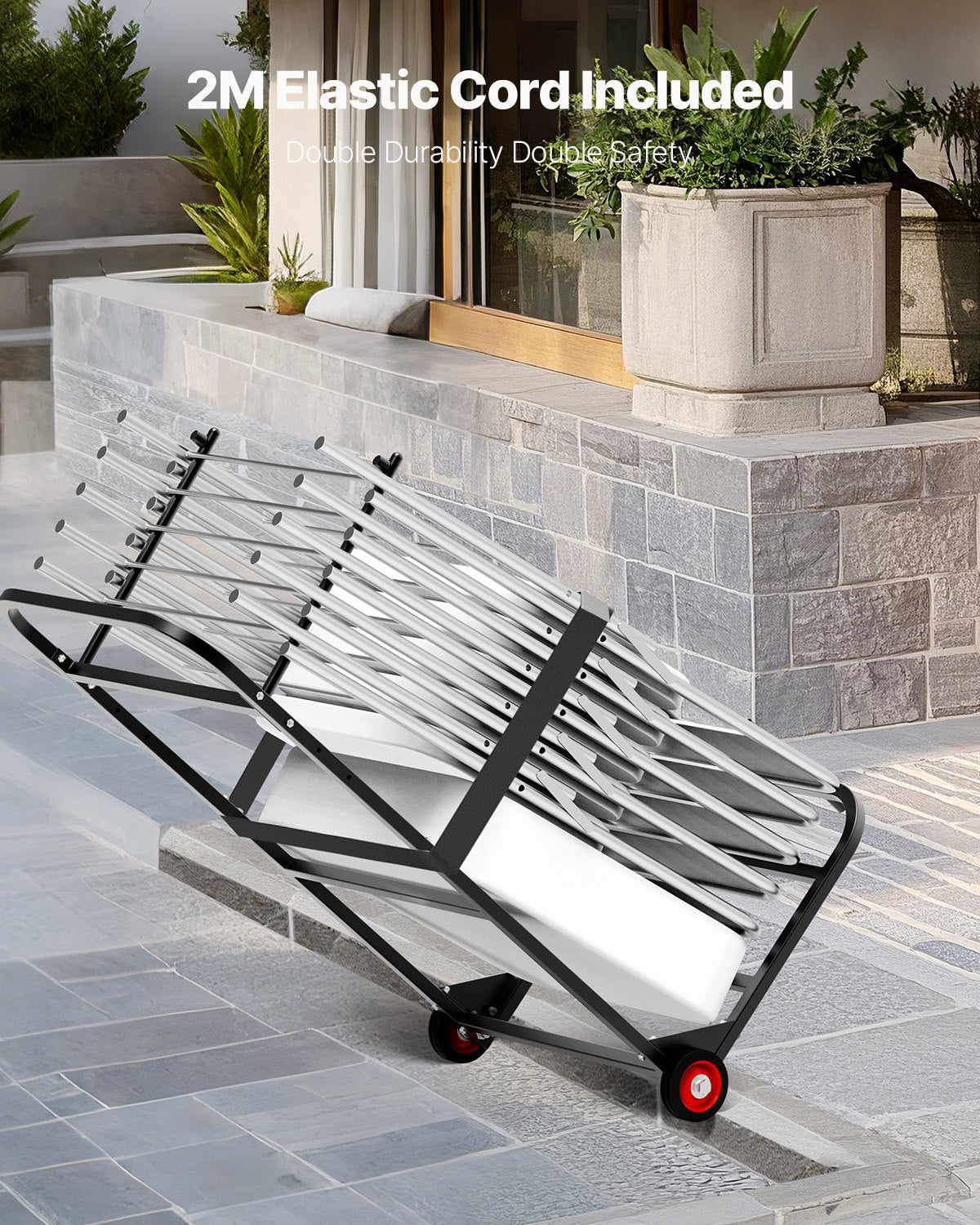 Folding Chair Rack, 100 LBS Capacity, Heavy-duty Chair Cart for Hanging 10 Chairs, Multi-Function Metal Chair Storage Dolly with Rubber Wheels, Push-Style Chair Holder, Matte Black