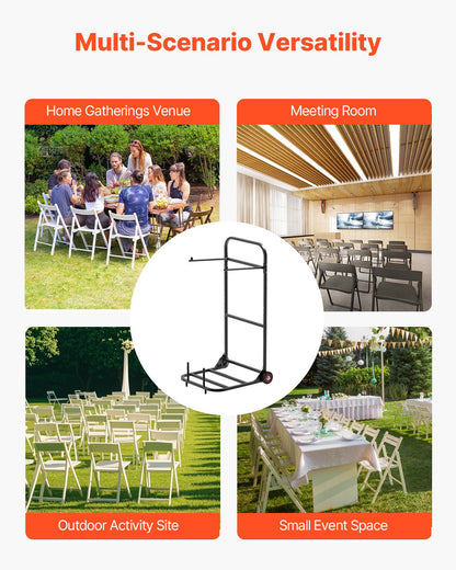 Folding Chair Rack, 100 LBS Capacity, Heavy-duty Chair Cart for Hanging 10 Chairs, Multi-Function Metal Chair Storage Dolly with Rubber Wheels, Push-Style Chair Holder, Matte Black