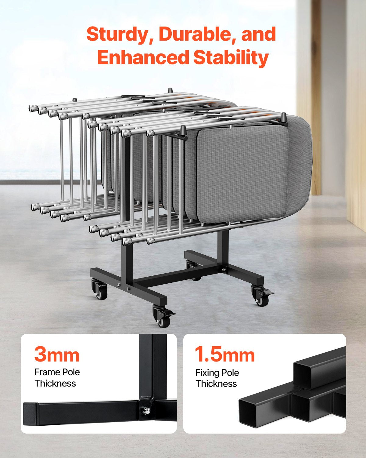 Folding Chair Rack, 200 LBS Capacity, T-shape Chair Cart for 14 Chairs, Heavy-duty Metal Chair Storage Dolly with Rubber Wheels, Multi-Function Chair Holder for Party Event,Hotel, Matte Black