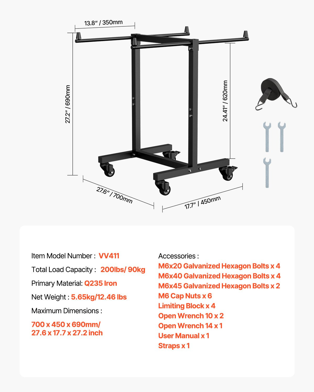 Folding Chair Rack, 200 LBS Capacity, T-shape Chair Cart for 14 Chairs, Heavy-duty Metal Chair Storage Dolly with Rubber Wheels, Multi-Function Chair Holder for Party Event,Hotel, Matte Black