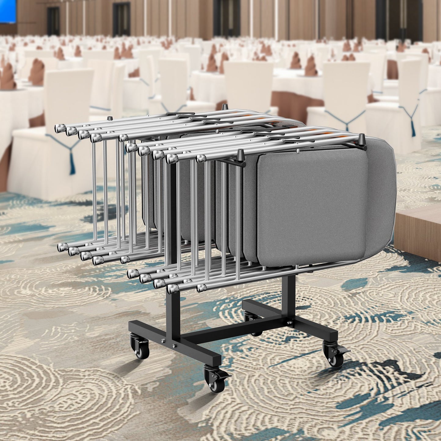 Folding Chair Rack, 200 LBS Capacity, T-shape Chair Cart for 14 Chairs, Heavy-duty Metal Chair Storage Dolly with Rubber Wheels, Multi-Function Chair Holder for Party Event,Hotel, Matte Black