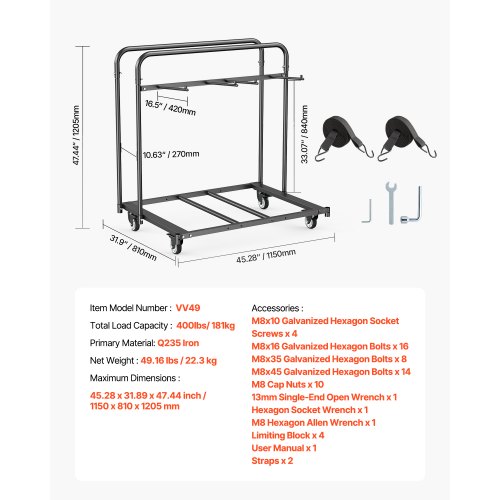 Klappbarer Stuhlwagen für 5 Tische + 14 Stühle, je 180 kg, mit Rädern | EU