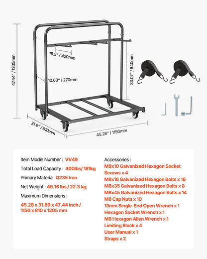 Folding Chair Rack, 400 LBS Capacity, Heavy-duty Chair Cart for 5 Tables+14 Chairs, Chair Storage Dolly Chair Holder w/ Swivel Casters and Locking Wheels,for Party Event,Hotel, Matte Black