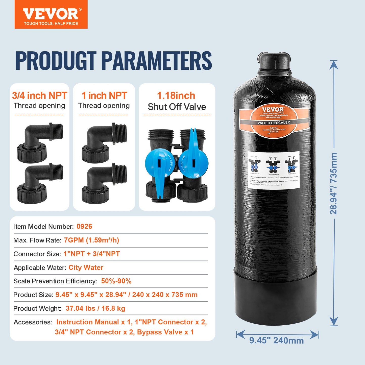 Whole House Salt Free Descaler, Water Filter for City Water, 600,000 Gallon Whole House Water Descaler for All Kinds of Plumbing Pipes, 1" NPT & 3/4" NPT, for 2-3 Person Family
