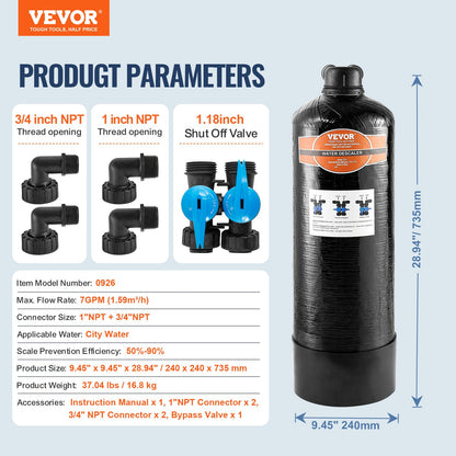 Whole House Salt Free Descaler, Water Filter for City Water, 600,000 Gallon Whole House Water Descaler for All Kinds of Plumbing Pipes, 1" NPT & 3/4" NPT, for 2-3 Person Family