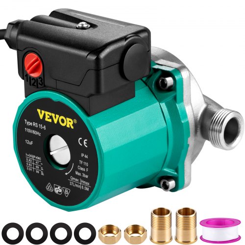 Hot Water Recirculating Pump, 93W, 110V Water Circulator Pump, Circulation Pump, 3/4″ G Thread to 1/2″ NPT Brass Adapter, Stainless Steel Head, 3 Speed Control for Electric Water Heater System