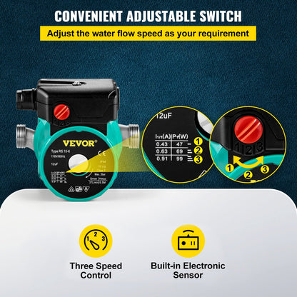 Hot Water Recirculating Pump, 93W, 110V Water Circulator Pump, Circulation Pump, 3/4″ G Thread to 1/2″ NPT Brass Adapter, Stainless Steel Head, 3 Speed Control for Electric Water Heater System