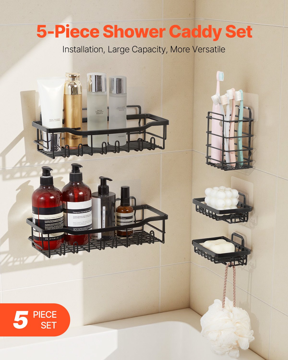 Shower Caddy, 5 Pack Adhesive Bathroom Shower Storage Organization Shelves Rack Set, 40 lbs Large Weight Capacity, with Soap and Toothbrush Holder, No Drilling for Bathroom, Kitchen, RV/Camper