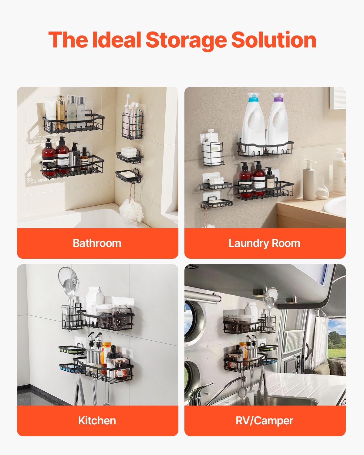 Shower Caddy, 5 Pack Adhesive Bathroom Shower Storage Organization Shelves Rack Set, 40 lbs Large Weight Capacity, with Soap and Toothbrush Holder, No Drilling for Bathroom, Kitchen, RV/Camper