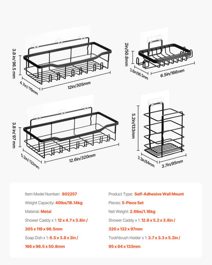 Shower Caddy, 5 Pack Adhesive Bathroom Shower Storage Organization Shelves Rack Set, 40 lbs Large Weight Capacity, with Soap and Toothbrush Holder, No Drilling for Bathroom, Kitchen, RV/Camper