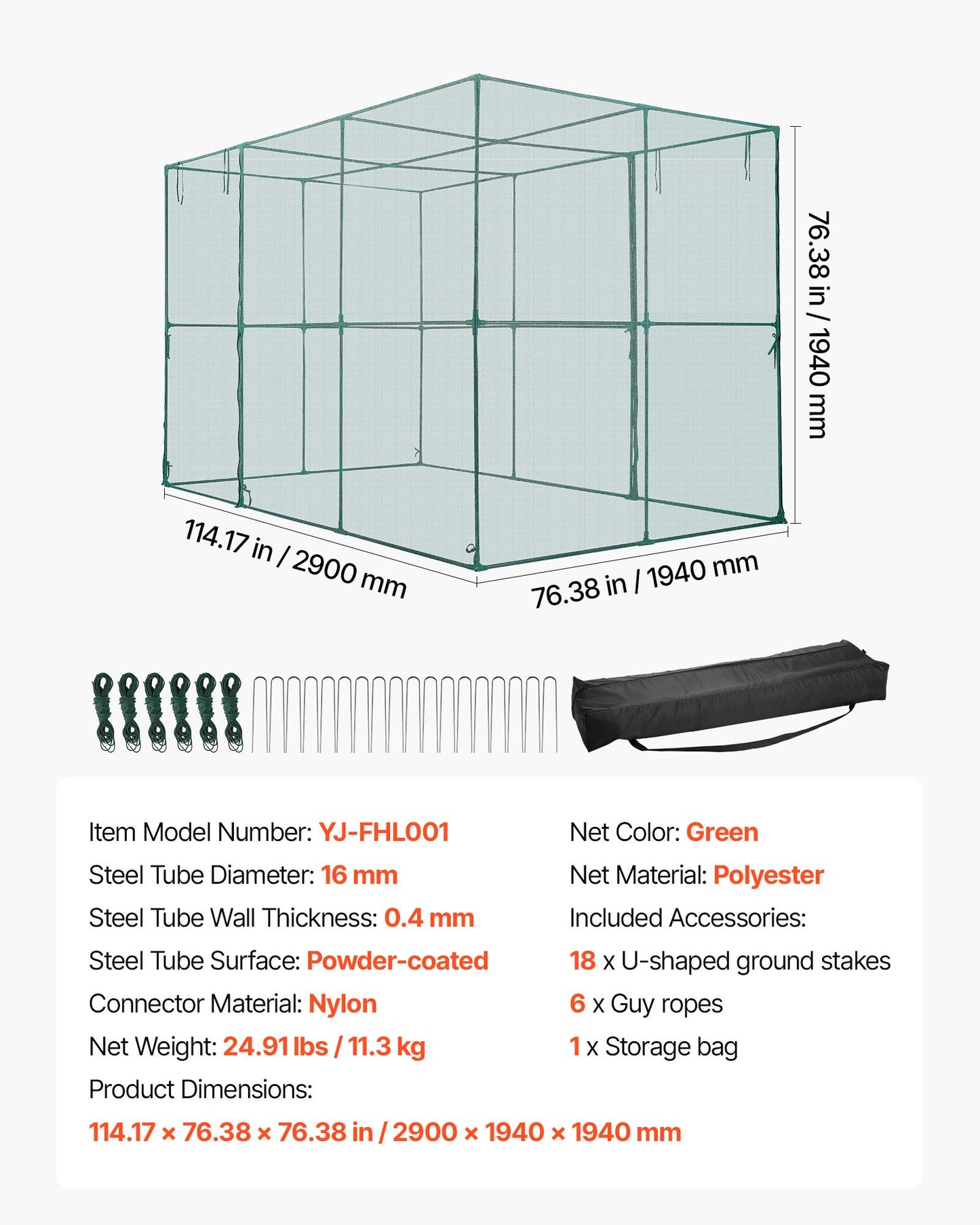 Crop Cage, 9.5 x 6.36 x 6.36 ft Plant Protection Tent with Zippered Door, Wind-Resistant Tall Crop Cage, Easy to Install, Outdoor Raised Bed Cover, Tomato Plant Netting for Garden Patio Lawn