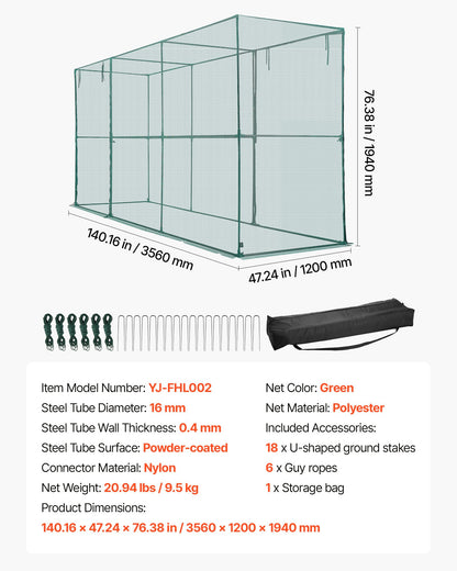 Crop Cage, 11.6 x 3.9 x 6.3 ft Plant Protection Tent with Zippered Door, Wind-Resistant Tall Crop Cage, Easy to Install, Outdoor Raised Bed Cover, Tomato Plant Netting for Garden Patio Lawn