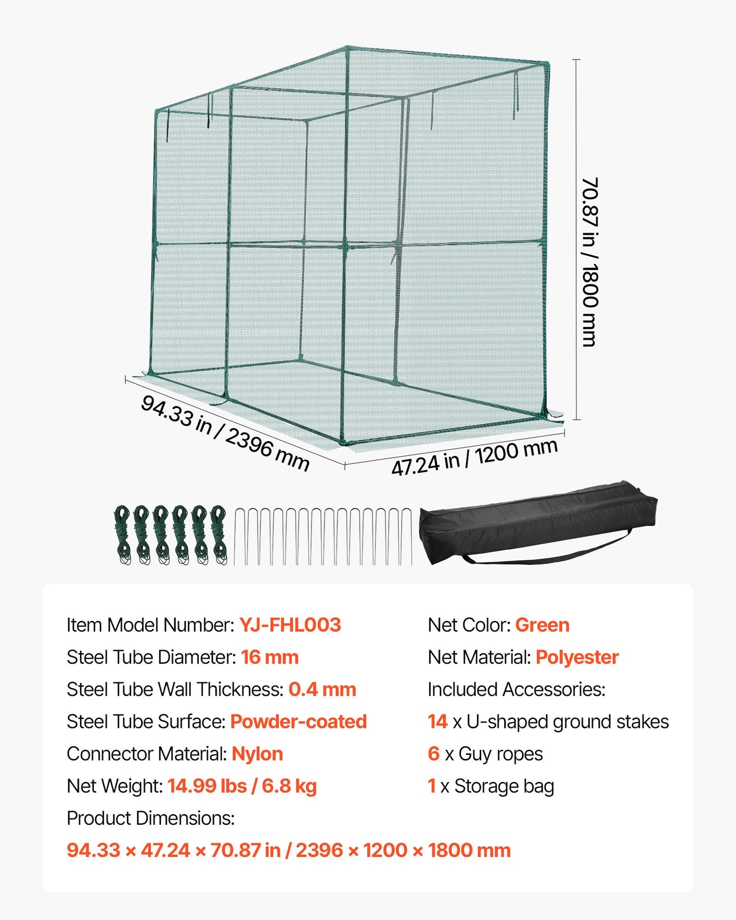 Crop Cage, 7.8 x 3.9 x 5.9 ft Plant Protection Tent with Zippered Door, Wind-Resistant Tall Crop Cage, Easy to Install, Outdoor Raised Bed Cover, Tomato Plant Netting for Garden Patio Lawn