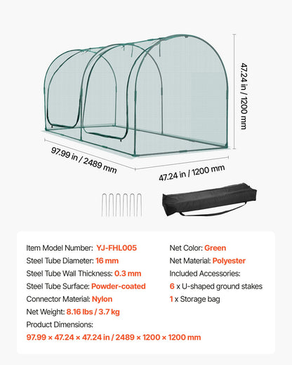 Crop Cage, 8.1 x 3.9 x 3.9 ft Plant Protection Tent with Zippered Door, Wind-Resistant Tall Crop Cage, Easy to Install, Outdoor Raised Bed Cover with Frame, Plant Netting for Garden Patio Lawn