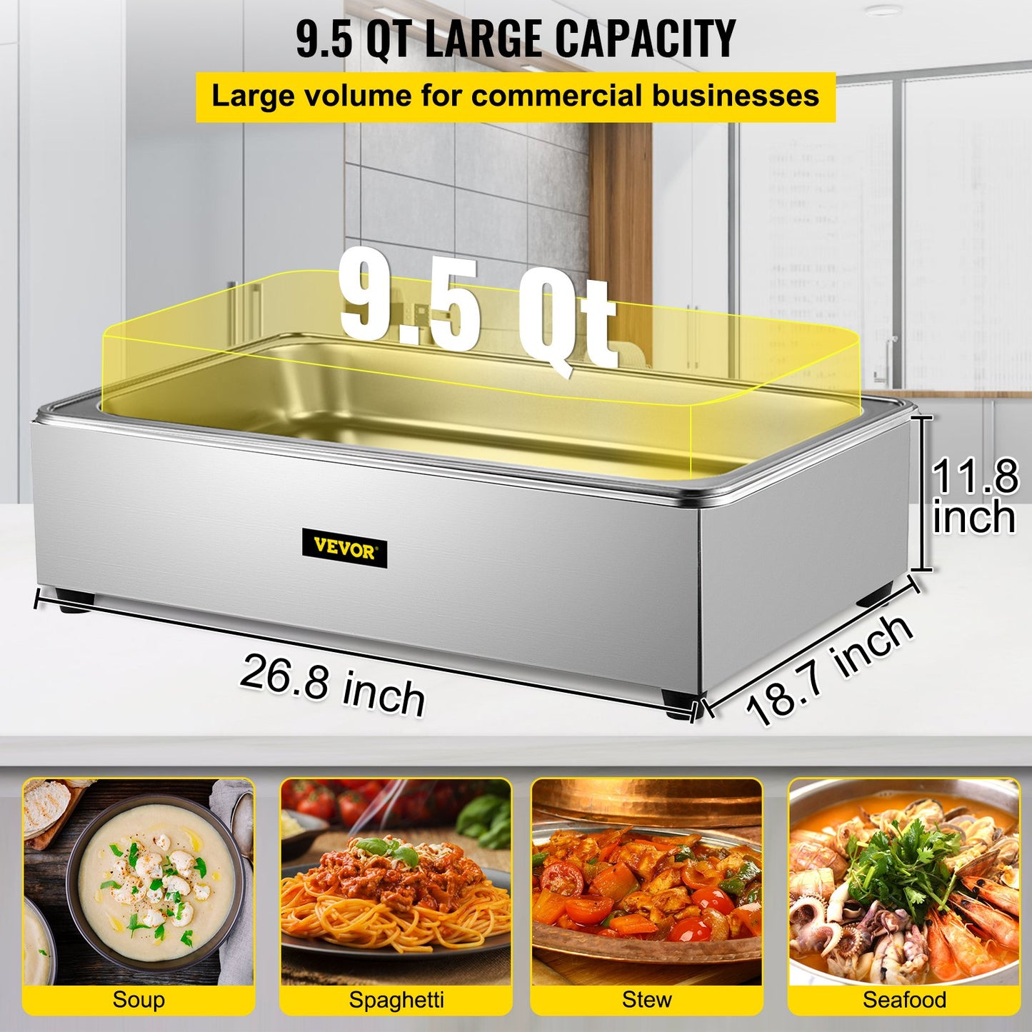 Commercial Food Warmer, Full-Size 1 Pot Steam Table with Lid, 9.5 Quart Electric Soup Warmers, Grade Stainless Steel Bain Marie Buffet Equipment, Fits 21 x 13.2 Pan, 400W, for Restaurant, Sliver