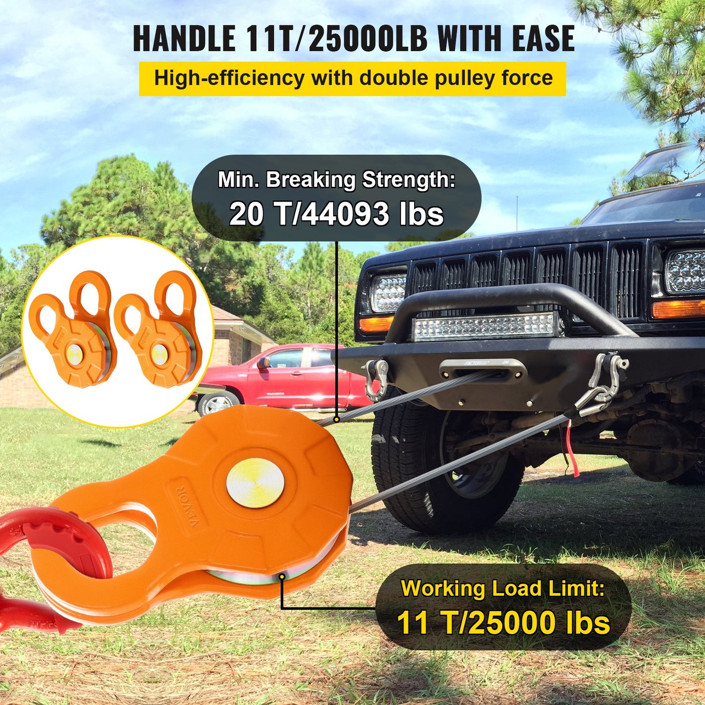 Snatch Block, 11T/25,000 LBS Working Load Limit, Heavy Duty Winch Pulley for 0.55\"/14 mm Synthetic Rope or Soft Shackles, Off-Road Recovery Accessories for Tractor, Truck, ATV & UTV, 2 Packs