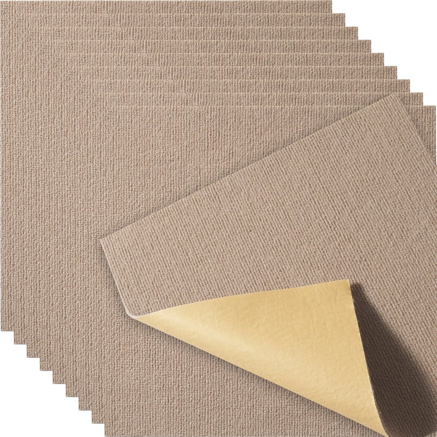 Teppichfliesen zum Abziehen und Aufkleben, 45,7 x 45,7 cm, quadratisch, selbstklebende Teppichbodenfliesen, weich gepolsterte Teppiche, einfache Installation zum Selbermachen für Schlafzimmer, Wohnzimmer, drinnen und draußen (10 Fliesen, hellbraun)