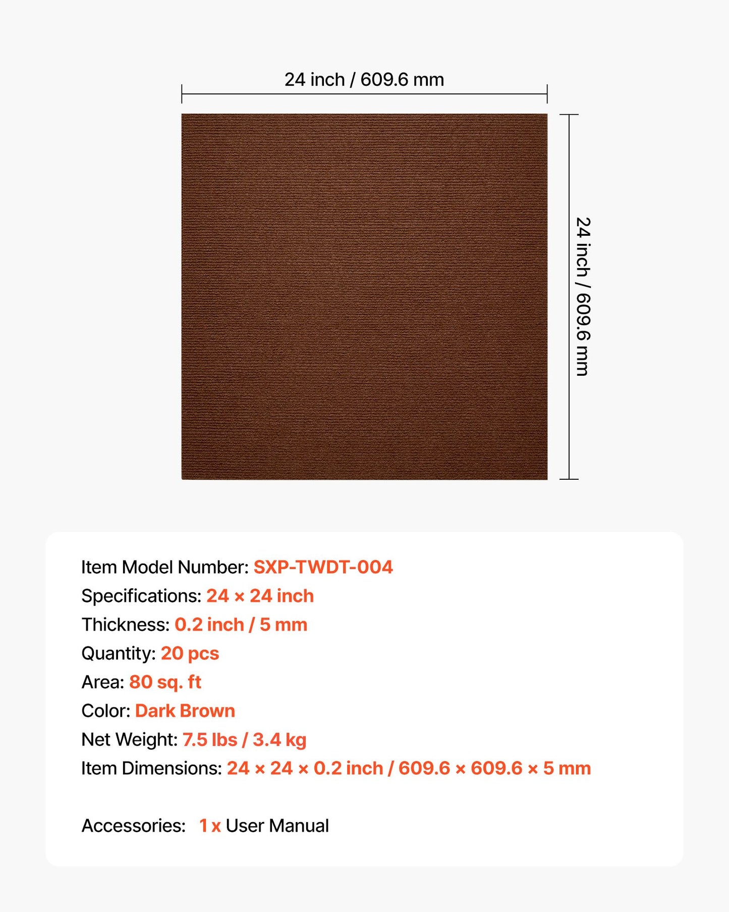 Carpet Tiles 24x24 inch, 20 Pack Peel and Stick Carpet Square Rug, Self Adhesive Commercial Floor Soft Padded for Seamless Cover 80sq.ft², Easy DIY Replacement for Living Room Office,Dark Brown