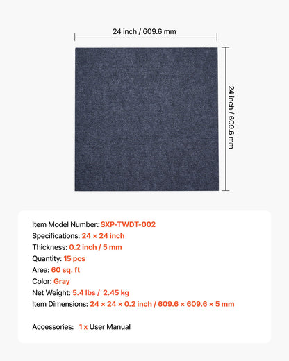 Carpet Tiles 24x24 inch, 15 Pack Peel and Stick Carpet Square Rug, Self Adhesive Commercial Floor Soft Padded for Seamless Cover 60sq.ft², Easy DIY Replacement for Living Room Office,Gray