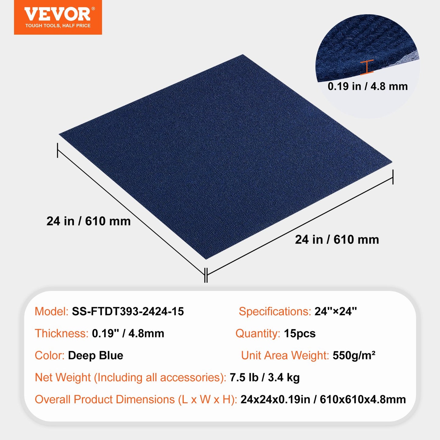 Carpet Tiles Peel and Stick, 24” x 24” Squares Self Adhesive Carpet Floor Tile, Soft Padded Carpet Tiles, Easy Install DIY for Bedroom Living Room Indoor Outdoor (15Tiles, Dark Blue)