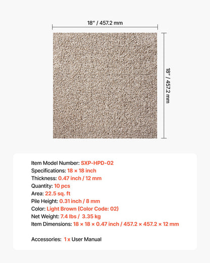 Carpet Tiles 18x18 inch, 10 Pack Carpet Square Rug Detachable & Damage-free, Self Adhesive Home Floor Soft Plush Padded for 22.5sq.ft Coverage, Easy DIY for Living Room & Bedroom, Light Brown