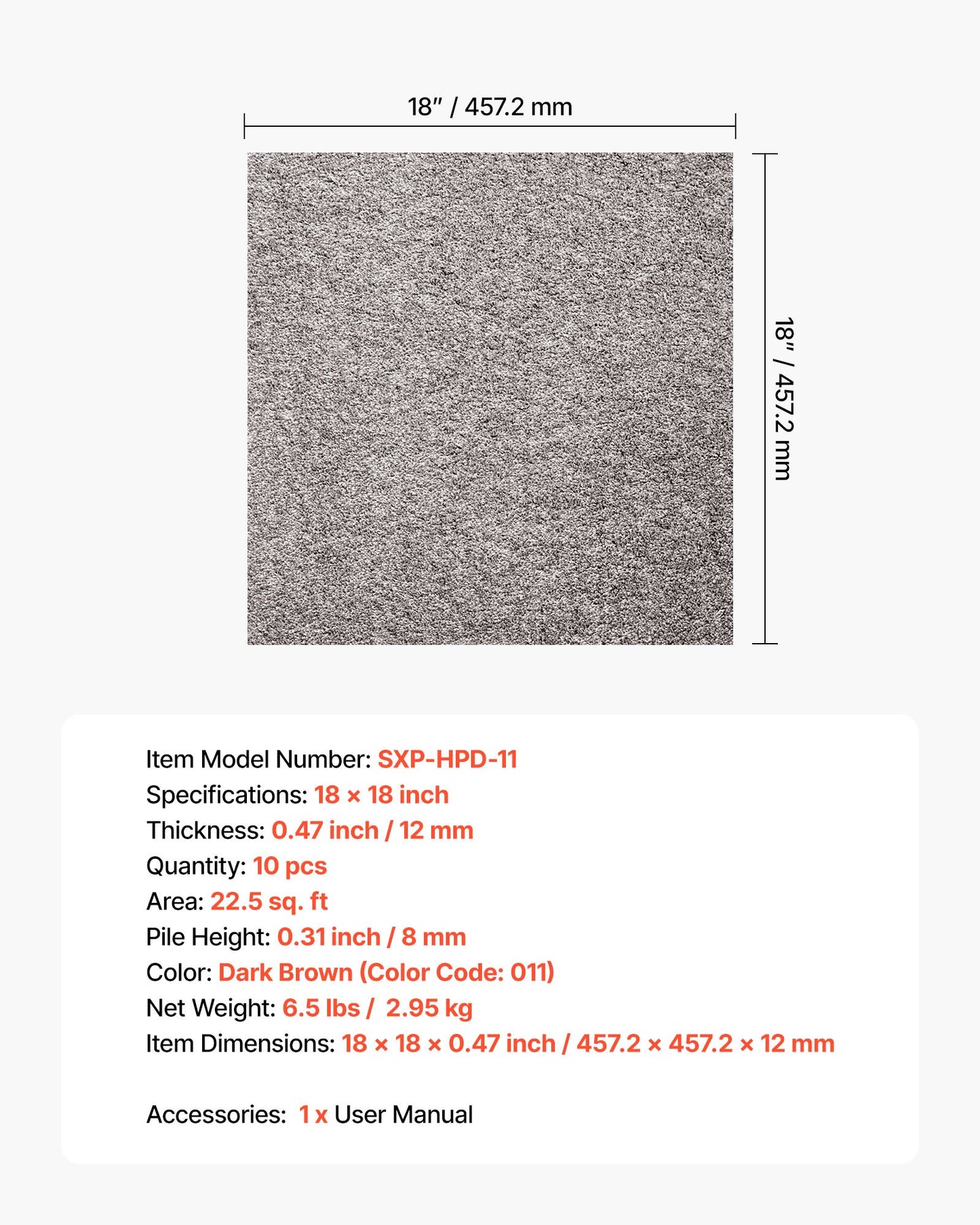 Carpet Tiles 18x18 inch, 10 Pack Carpet Square Rug Detachable & Damage-free, Self Adhesive Home Floor Soft Plush Padded for 22.5sq.ft Coverage, Easy DIY for Living Room & Bedroom, Dark Brown