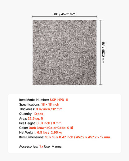 Carpet Tiles 18x18 inch, 10 Pack Carpet Square Rug Detachable & Damage-free, Self Adhesive Home Floor Soft Plush Padded for 22.5sq.ft Coverage, Easy DIY for Living Room & Bedroom, Dark Brown