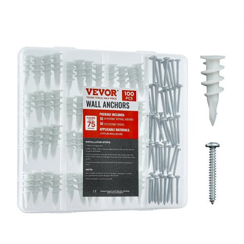 Self Drilling Drywall Anchors, 100 PCS Dry Wall Anchors and Screws, Drywall Anchors Kit with Screws, No Drill Hole Required Nylon Plastic Wall Anchors and Heavy Duty Metal Screws, for Drywall