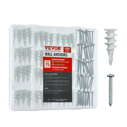 Self Drilling Drywall Anchors, 100 PCS Dry Wall Anchors and Screws, Drywall Anchors Kit with Screws, No Drill Hole Required Nylon Plastic Wall Anchors and Heavy Duty Metal Screws, for Drywall