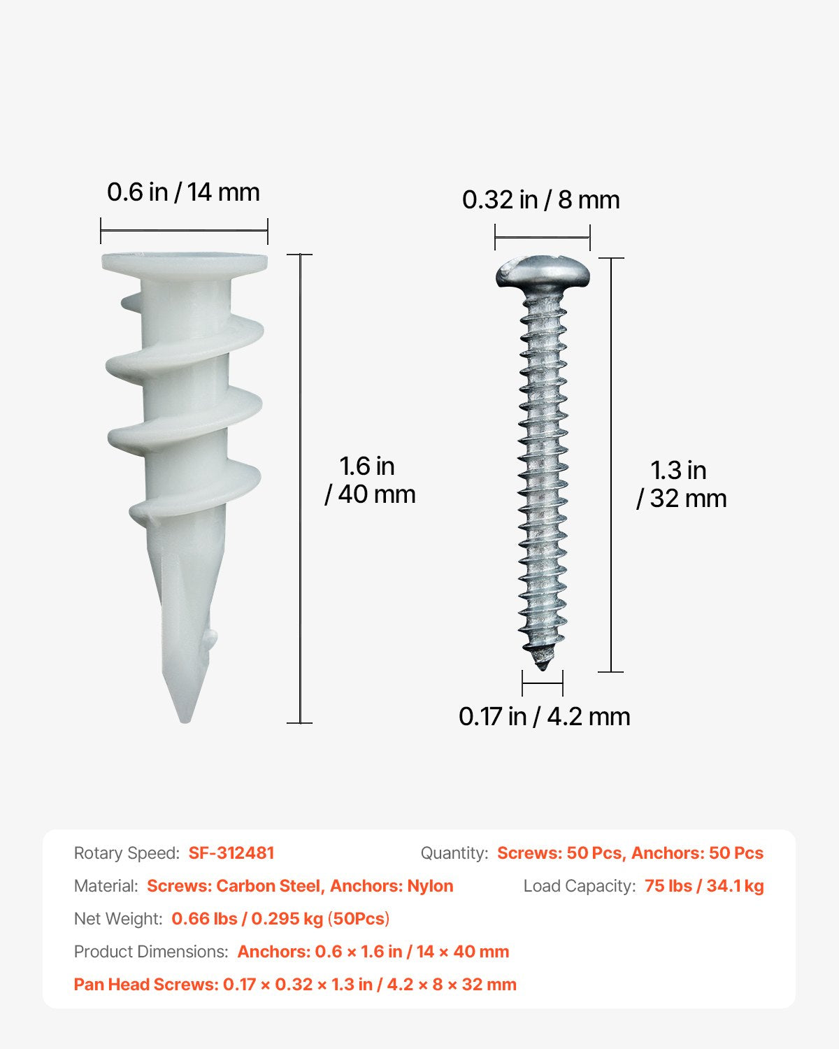 Self Drilling Drywall Anchors, 100 PCS Dry Wall Anchors and Screws, Drywall Anchors Kit with Screws, No Drill Hole Required Nylon Plastic Wall Anchors and Heavy Duty Metal Screws, for Drywall