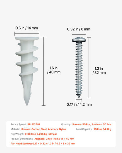 Self Drilling Drywall Anchors, 100 PCS Dry Wall Anchors and Screws, Drywall Anchors Kit with Screws, No Drill Hole Required Nylon Plastic Wall Anchors and Heavy Duty Metal Screws, for Drywall