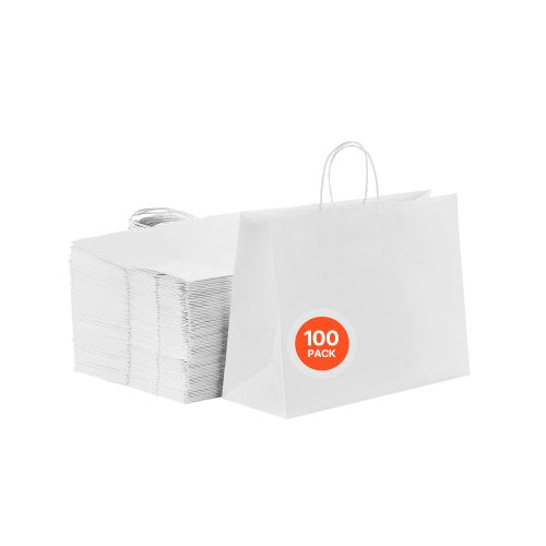 Kraft Paper Bags with Handles, 100Pcs 16 x 6 x 12 in, Large Paper Grocery Bags, Reusable & Recycled Take-Out Sacks, Plain Party Bag Bulk for Birthday, Wedding, Business, Goody, White