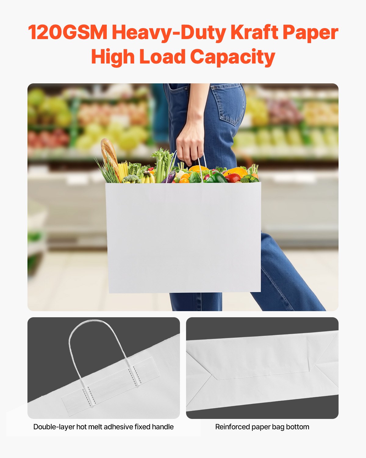 Kraft Paper Bags with Handles, 100Pcs 16 x 6 x 12 in, Large Paper Grocery Bags, Reusable & Recycled Take-Out Sacks, Plain Party Bag Bulk for Birthday, Wedding, Business, Goody, White