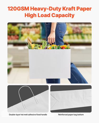 Kraft Paper Bags with Handles, 100Pcs 16 x 6 x 12 in, Large Paper Grocery Bags, Reusable & Recycled Take-Out Sacks, Plain Party Bag Bulk for Birthday, Wedding, Business, Goody, White