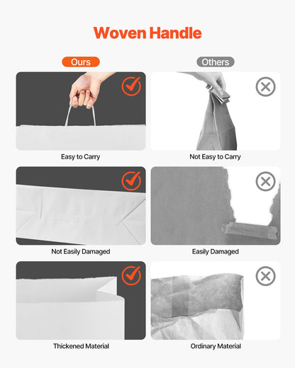 Kraft Paper Bags with Handles, 100Pcs 16 x 6 x 12 in, Large Paper Grocery Bags, Reusable & Recycled Take-Out Sacks, Plain Party Bag Bulk for Birthday, Wedding, Business, Goody, White