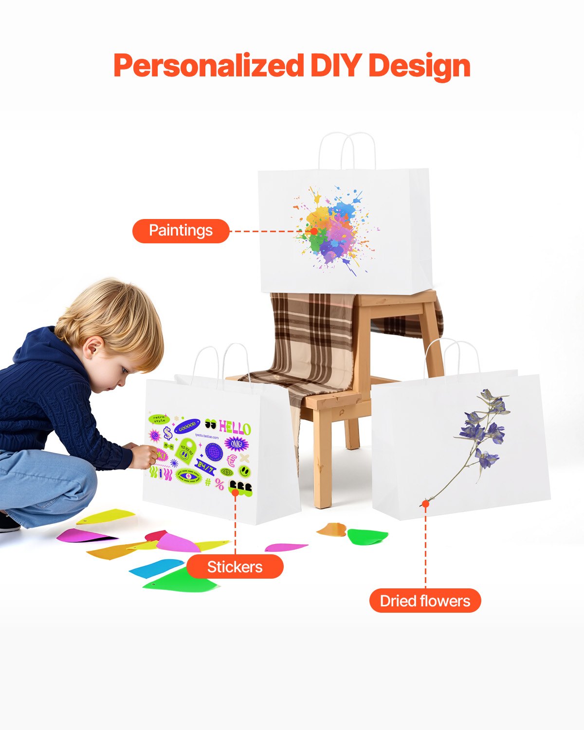 Kraft Paper Bags with Handles, 100Pcs 16 x 6 x 12 in, Large Paper Grocery Bags, Reusable & Recycled Take-Out Sacks, Plain Party Bag Bulk for Birthday, Wedding, Business, Goody, White