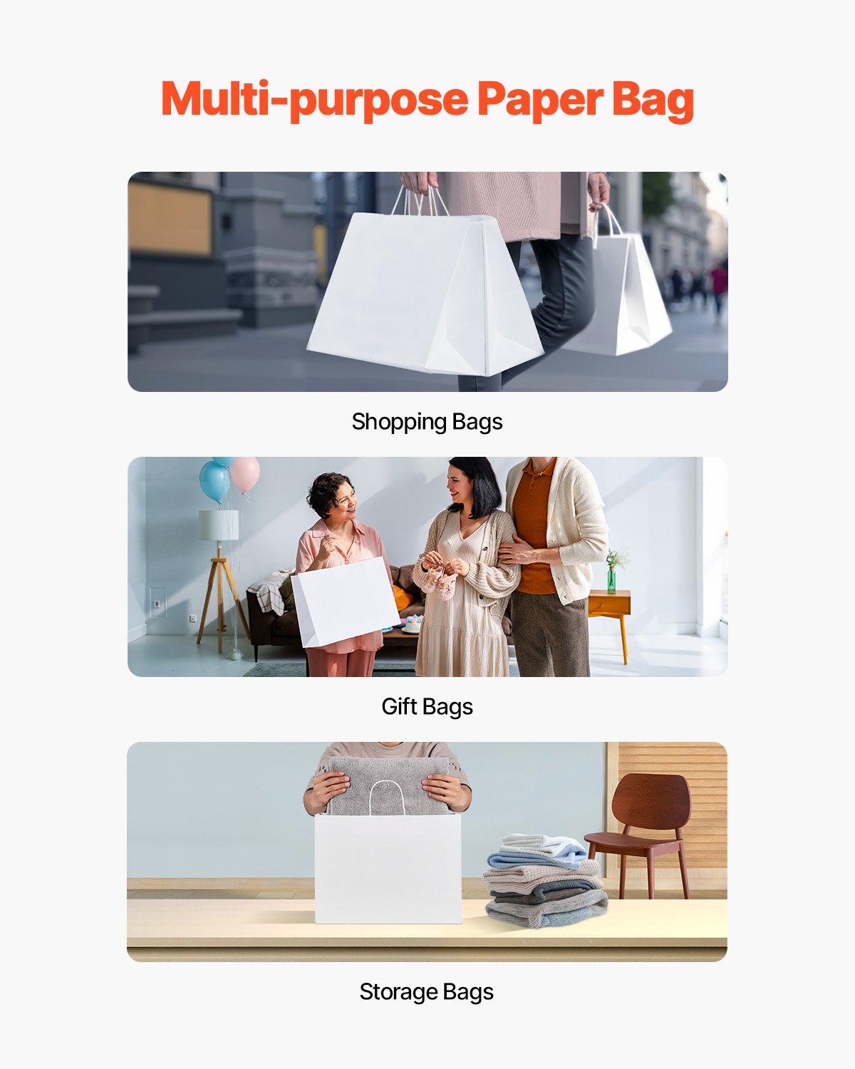 Kraft Paper Bags with Handles, 100Pcs 16 x 6 x 12 in, Large Paper Grocery Bags, Reusable & Recycled Take-Out Sacks, Plain Party Bag Bulk for Birthday, Wedding, Business, Goody, White