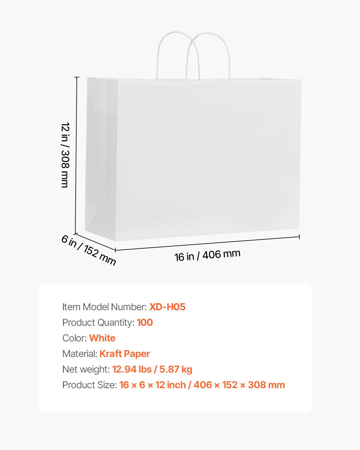 Kraft Paper Bags with Handles, 100Pcs 16 x 6 x 12 in, Large Paper Grocery Bags, Reusable & Recycled Take-Out Sacks, Plain Party Bag Bulk for Birthday, Wedding, Business, Goody, White